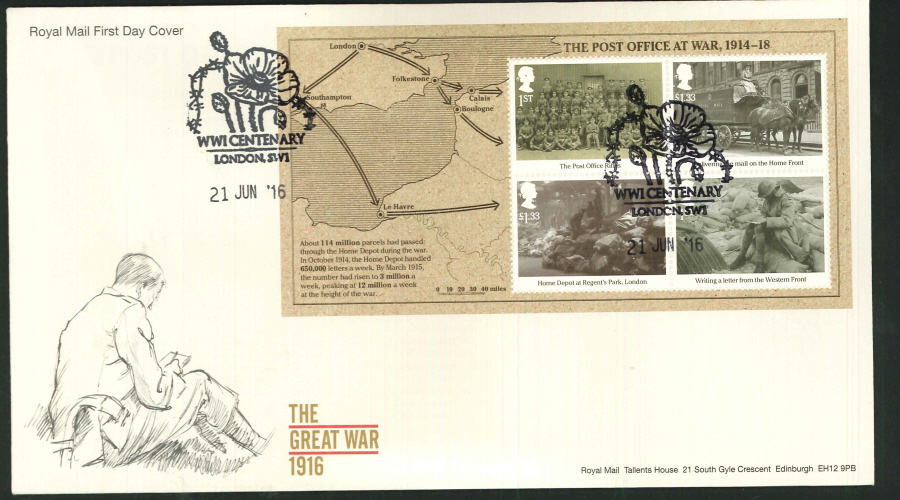 2016 - The Great War 1916, Minisheet First Day Cover, WWI Centenary, London SW1 Postmark
